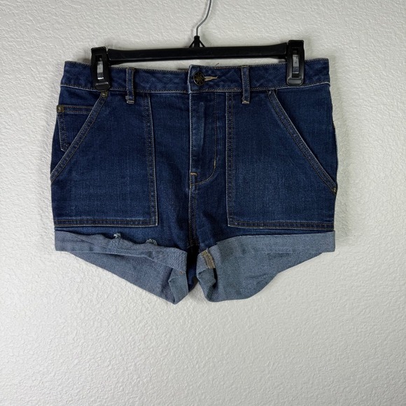Free People Denim Shorts High Waist Cuffed Dark Wash Pockets Size‎ 25 - Picture 1 of 5
